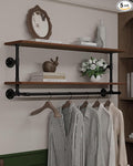 Clothes Rack 36in, 2 Tier Wall Mounted Garment Rack with Real Wood Shelf, Heavy Duty Hanging Clothes Rack, Multi-Purpose Hanging Rod, Space-Saving Closet Storage