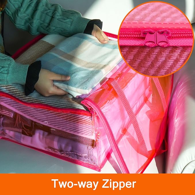 Vieshful Pink 40L Clear Clothes Storage Bag with Zipper 3 Pack Colorful Clothes Organizer Vinyl Storage Bag for Comforter, Blanket, Bedding, Duvet, Transparent Moving Totes