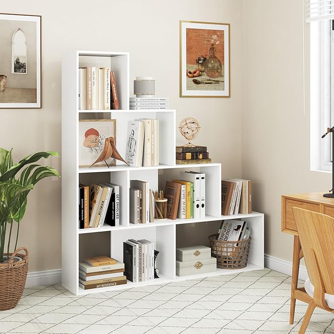 Tangkula 4-Tier Stepped Bookshelf, Freestanding 6 Cubes Ladder Bookcase with Anti-Tipping Kits, 64" Tall Modern Wooden Storage Display Rack for Home Office Living Room Study (1, White)