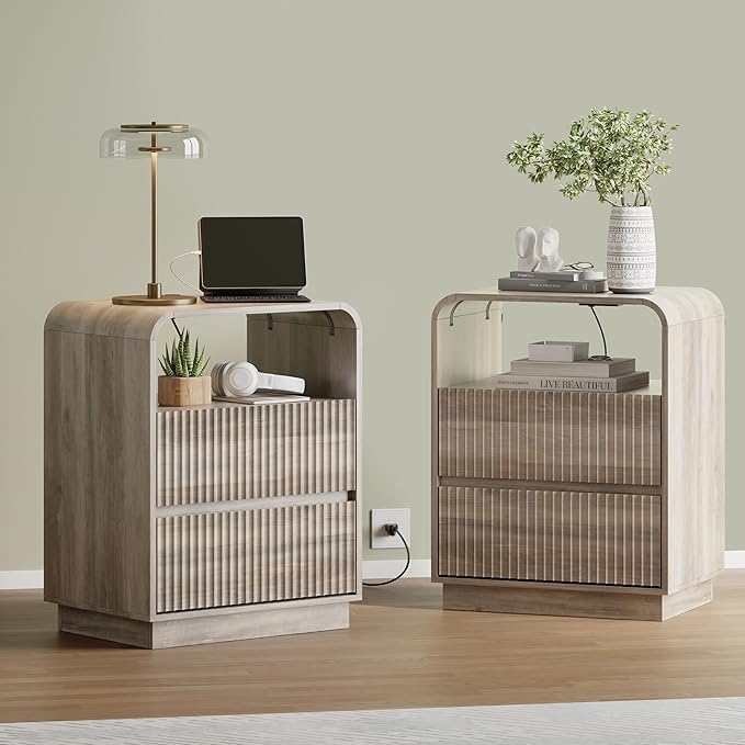 Grey Nightstands Set of 2 with Charging Station, Mid Century Modern End Tables & Bedside Tables, Fluted Wood Small Night Stands with 2 Hidden Drawers and Storage Shelf for Bedroom, Gray