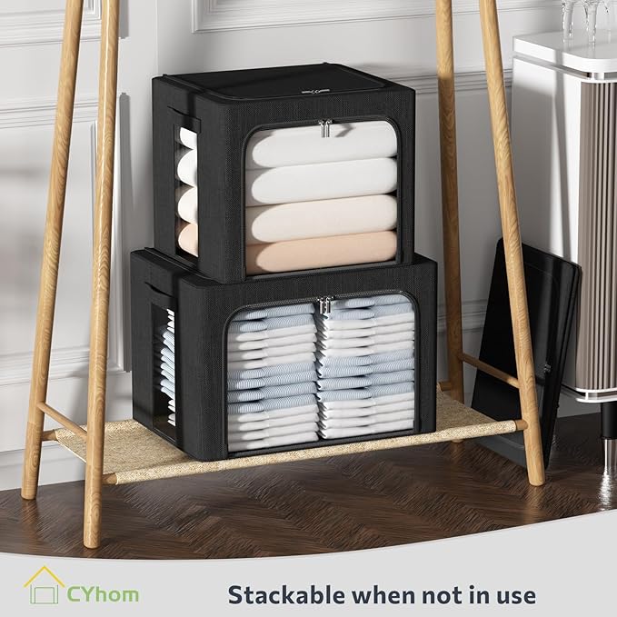 CYhom Extra Large Clothes Storage Bins Box - Linen Fabric Foldable Stackable Container Organizer Set with Clear Window & Carry Handles & Metal Frame (Black, Extra Large-100L)