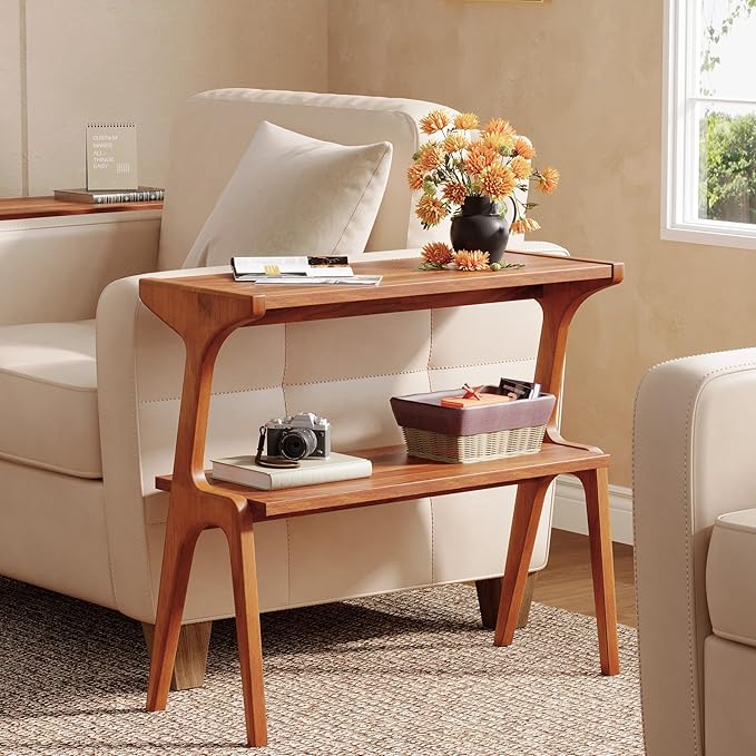 Set of 2 Solid Wood End Table, 2-Tier Side Table with Storage Shelf, Wooden Modern Accent Slim Bedside Table for Sofa, Living Room, Bedroom, Small Space, Easy Assembly, Cherry