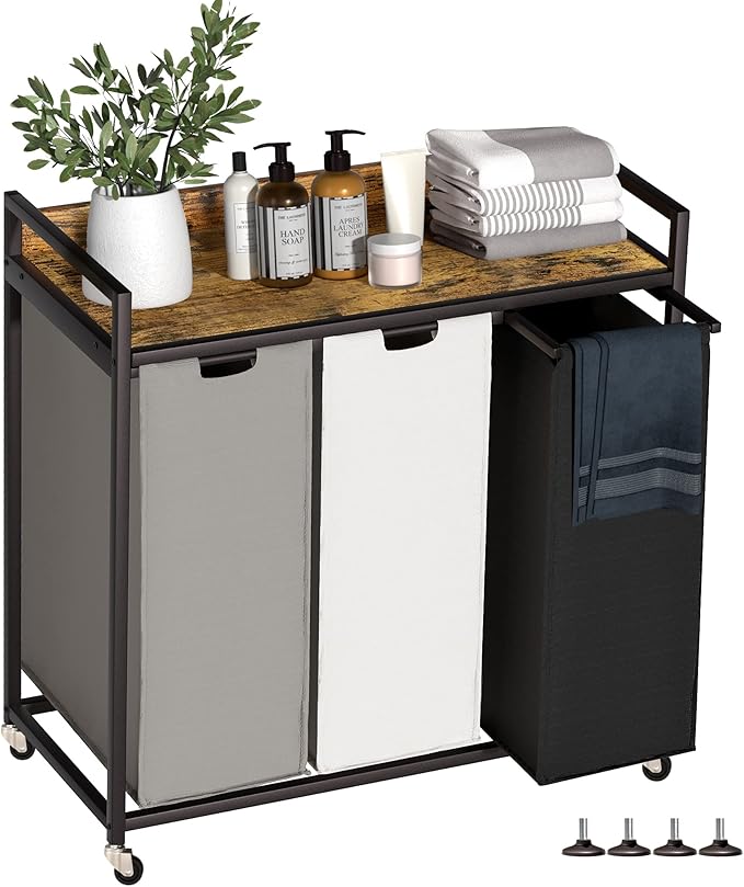 Laundry Hampers with Shelf, Laundry Basket 3 Section, Laundry Sorter with Pull-Out Removable Large 3 Color Bags and Movable Wheels, Metal Frame, 3 x 15.87 Gallons (60L), Rustic Brown PF04XLN