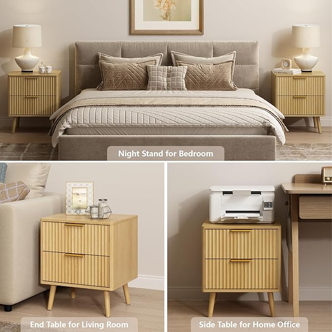 CARPETNAL Fluted Nightstand Set of 2, Oak Bedside Table with 2 Drawers and Gold Handles, Wood End Table Mid Century Night Stands for Bedroom Living Room
