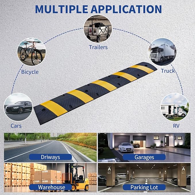 BESEA 6FEET Heavy Duty Rubber Speed Bump, 72" x 12" x 2" Heavy Duty Speed Bump Cable Protector Ramp for Driveway, Road Parking, Garage, Parking Lot, Warehouse