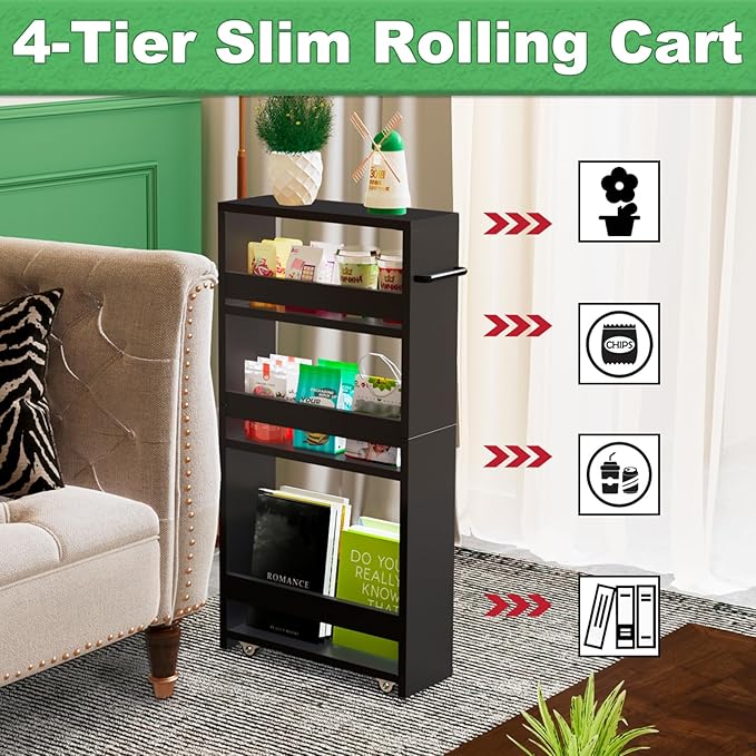 MARTY Slim Rolling Storage Cart 4-Tier Kitchen Cart with Wheels, Laundry Room Storage with Handle Slide Out Utility Cart Shelving Unit Organizer Trolley for Narrow Places Bathroom Small Corner, Black