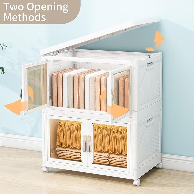 Large Clear Stackable Storage Bins with 2 Lids, Foldable Storage Cabinet for Closet Organizers and Storage, Plastic Storage Box with Wheels 597 QT