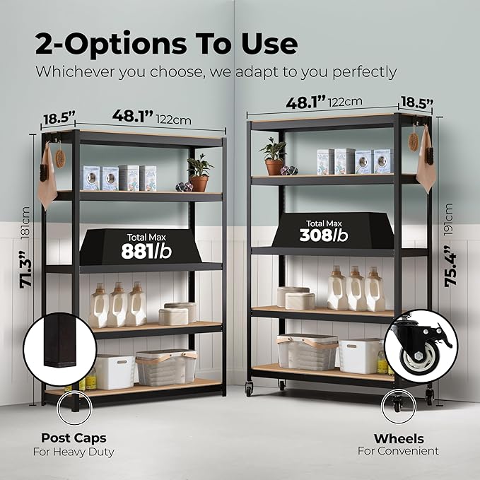 HOMEDANT House 5-Tier Metal Boltless Rolling Cart Shelf Rack Casters Heavy Duty Wheel Shelving Unit Adjustable Utility Storage Shelves Organizer Shelf Kitchen Garage 48.1" W x 18.5" D x 75.4" H 3Pack
