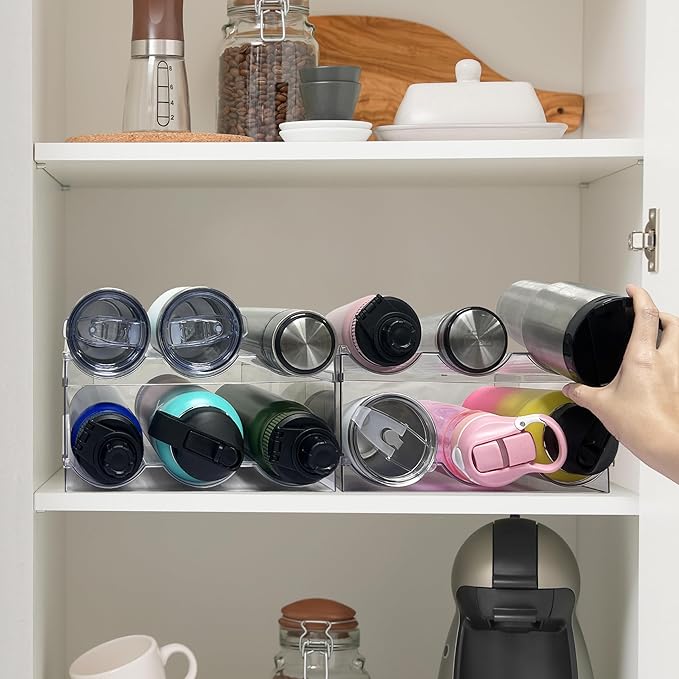 4 Pack Water Bottle Organizer, Stackable Kitchen Pantry Organization and Storage Shelf, Plastic Bottle Holder for Fridge Kitchen Cabinet Organizer and Storage, Tumbler Mug Cup Organizer