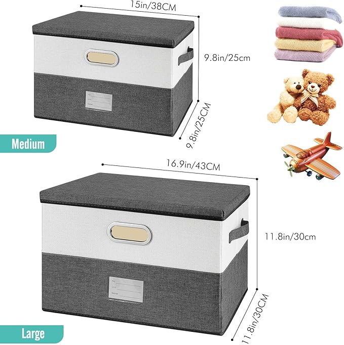 Large Linen Fabric Foldable Storage Bins with Removable Lid and Handles, Washable Storage Box Organizer Containers Baskets Cube with Cover for Bedroom,Office (Grey&Cream, Medium(2-Pack))