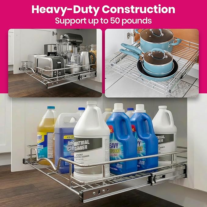 HOLDN’ STORAGE Pull Out Cabinet Organizer, Heavy Duty Caddy w/Lifetime Limited Warranty -14”W x 21”D - Requires At Least 15-1/4” Cabinet Opening, Steel Metal Cabinet Drawers Slide Out, Chrome