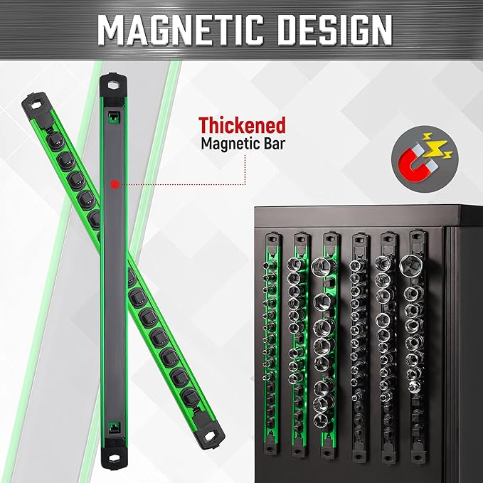 ALOANES 6-Piece Magnetic Socket Organizer, Heavy Duty Aluminum Socket Rails Organizer, 360° Swivel Clips Socket Holder Kit for Tool Box, 1/2, 3/8, 1/4-Inch Socket Holder x 80 Clips (Green)