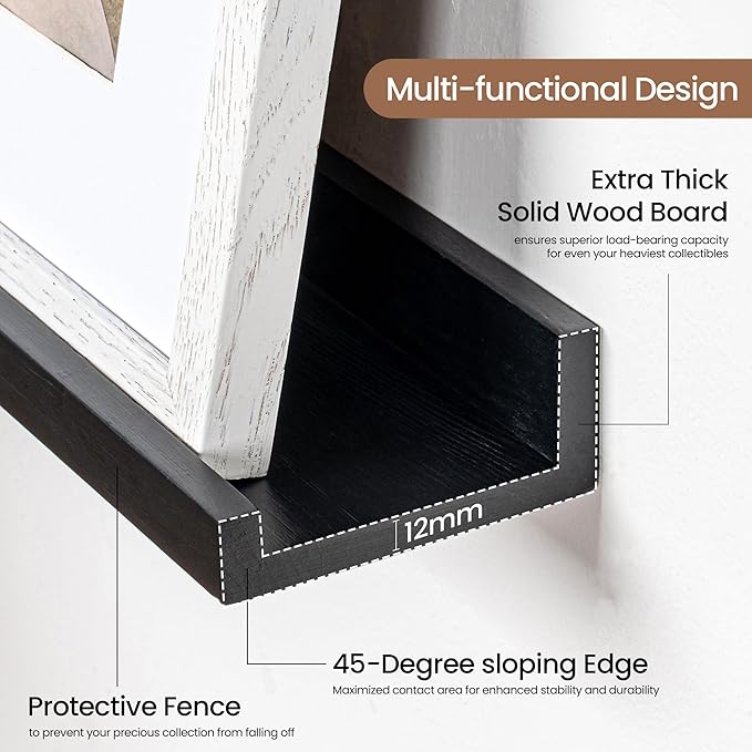 Picture Ledge Shelf, Floating Shelves Set of 2, 36 Inches Solid Wood Nursery Book Shelves for Toys Storage, Kids Bookshelf Wall Mounted for Living Room Bedroom Decor Books Photo Frames, Black