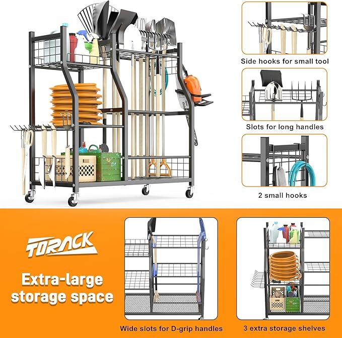TORACK Garden Tool Organizer with Wheels, Rakes Shovels Yard Tools Stand for Garage, Shed, Garden, Indoor/Outdoor Long-Handled Tools Cart