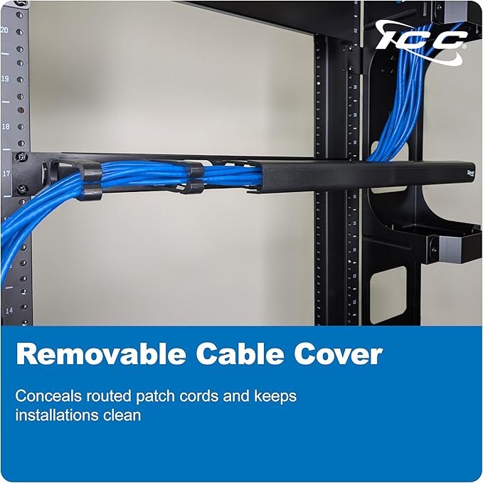 ICC 1U Ring Cable Manager Panel with Cover, Plastic with Metal Back Frame, 4" D-Rings, Horizontal Cable Management, Rackmount for 19” Network Racks, Black, Single Pack