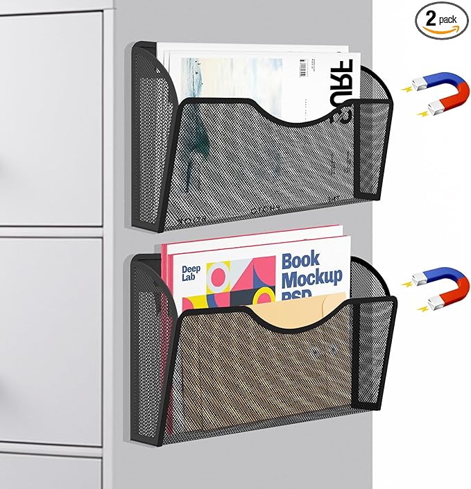 Magnetic File Holder 2 Pockets File Folder Organizer, Office Hanging Magazine Rack for Refrigerator, White Board, No Drilling Paper Document Holder Mail Organizer for File Cabinets