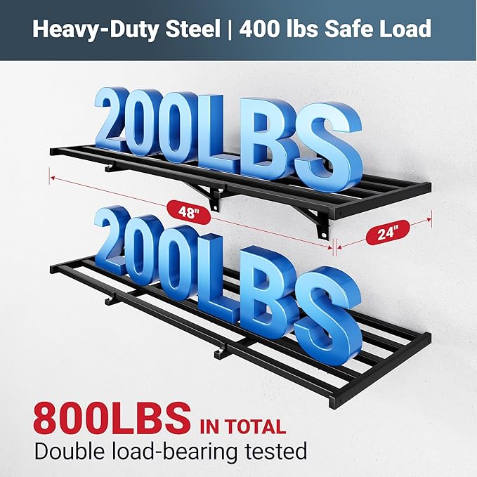 FLEXIMOUNTS 2x4ft Heavy Duty Garage Wall Shelving, 4-Pack Garage Shelving Wall Mounted with 8 Hooks, 400lbs Capacity, Storage for Power Tools, Garden Supplies, Storage Bins, Lite Series