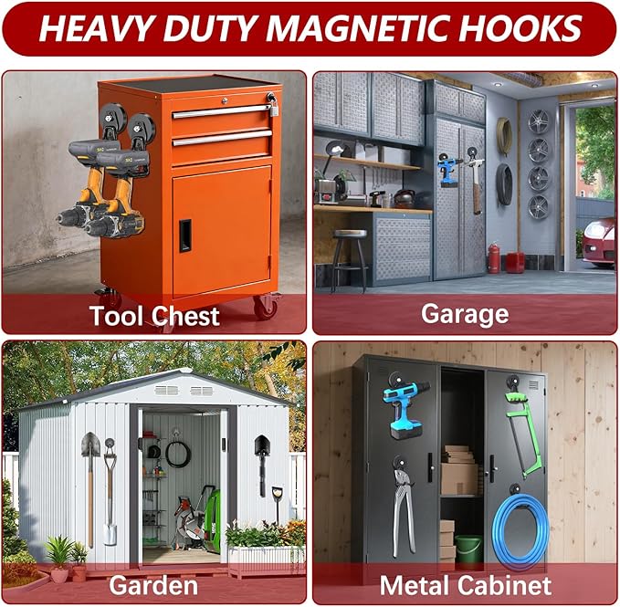3-H Heavy Duty Magnet Garage Hooks 4 Pack, Large Strong Magnetic Hooks for Hanging Cordless Power Drill, Utility Magnetic Tool Holder for Metal Cabinet, Steel Pegboard, Toolbox, Garage(Black)