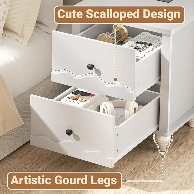 Cyclysio Nightstand Set of 2 with Charging Station, Side End Table with 2 Drawers, Modern Wood Night Stand Set 2 with Scalloped Pattern for Bedroom, Bedside Night Tables with Solid Wood Gourd Legs