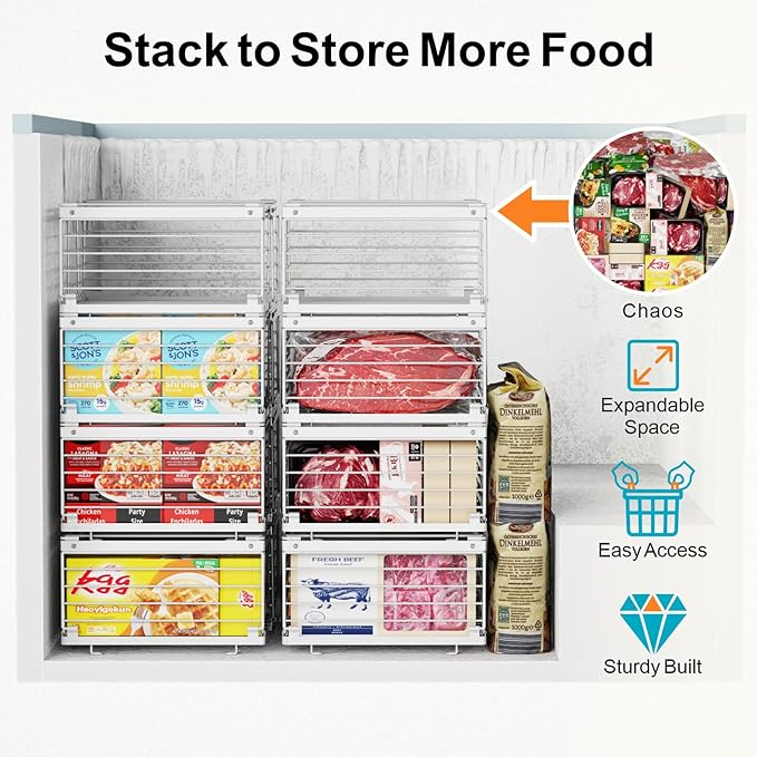 iSPECLE Freezer Organizer Bins - Fit 10 to 20 Cu.FT Deep Freezer, 8 Pack Large Expandable Stackable Chest Freezer Organizer Sort Frozen Food Easy to Get Food from Bottom without Digging, White