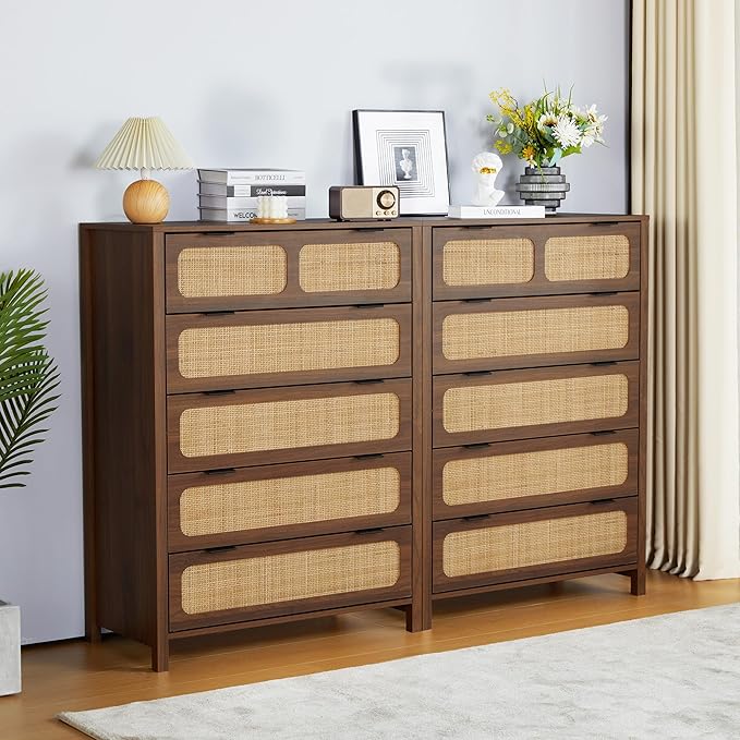 5 Drawer Dresser with Rattan Finish, Modern Farmhouse Chest of Drawers with Metal Handles, Accent Wood Storage Cabinet for Bedroom, Living Room (Walnut)