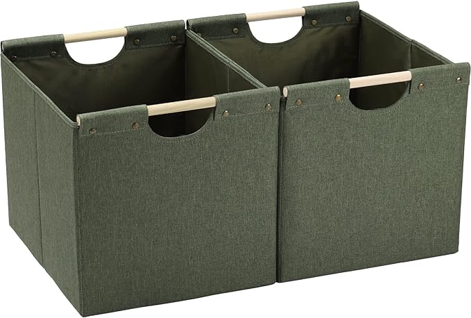 HOONEX Large Collapsible Storage Bins, Linen Fabric, Pack of 2, Storage Baskets with Wooden Carry Handles and Sturdy Heavy Cardboard, for Home, Office, Car, Nursery, Olive
