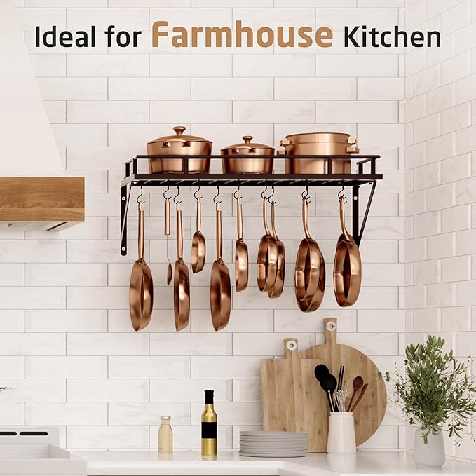 KES 30-Inch Oiled Bronze Pot Rack, Wall Mounted Hanging Pot and Pan Organizer with 12 Sturdy Hooks, Kitchen Wall Hanger Shelves Farmhouse Style, KUR215S75A-OB