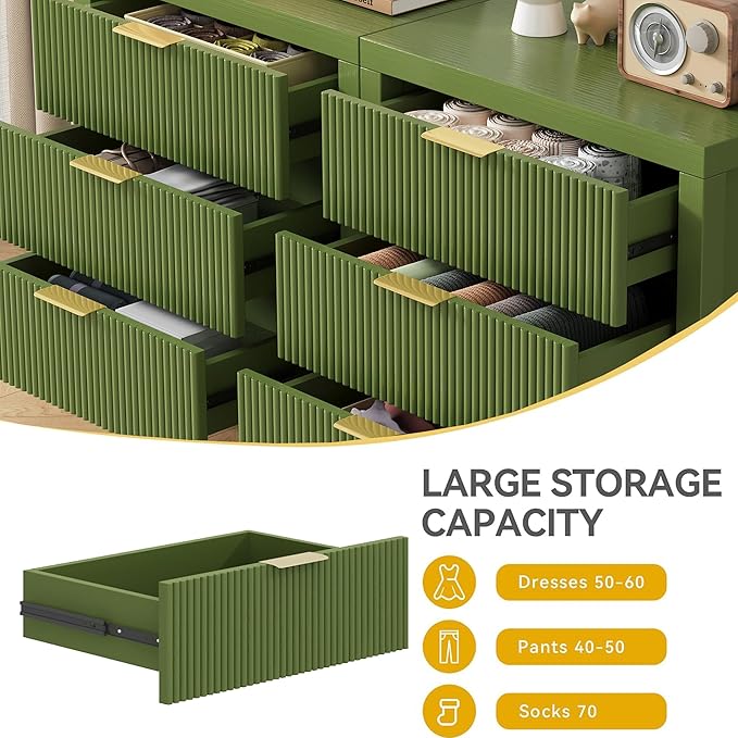 3 Drawer Dresser, Modern Wood Storage Chest of Drawers Organizer with Waveform Panel, Fluted Dresser with Wide Drawers and Golden Handles for Bedroom, Hallway, Entryway, Green