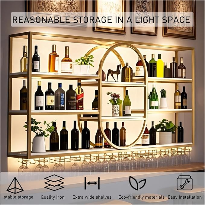 Large Wall Mount Wine Rack, Metal 4 Tier Large Capacity Hanging Bar Rack with Wine Glass Holder, Oval Wine Bottle Storage Display Rack for Kitchen, Living Room, Home (Gold, 120cm/47.2in)