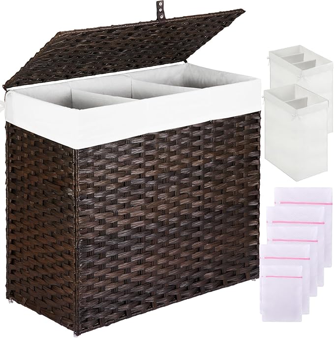 Greenstell Laundry Hamper with Lid, 125L Large Clothes Hamper with 3 Section & 2 Section Removable Liner Bags & 5 Mesh Laundry Bags, Handwoven Synthetic Rattan Divided Laundry Basket, Brown