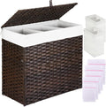 Greenstell Laundry Hamper with Lid, 125L Large Clothes Hamper with 3 Section & 2 Section Removable Liner Bags & 5 Mesh Laundry Bags, Handwoven Synthetic Rattan Divided Laundry Basket, Brown