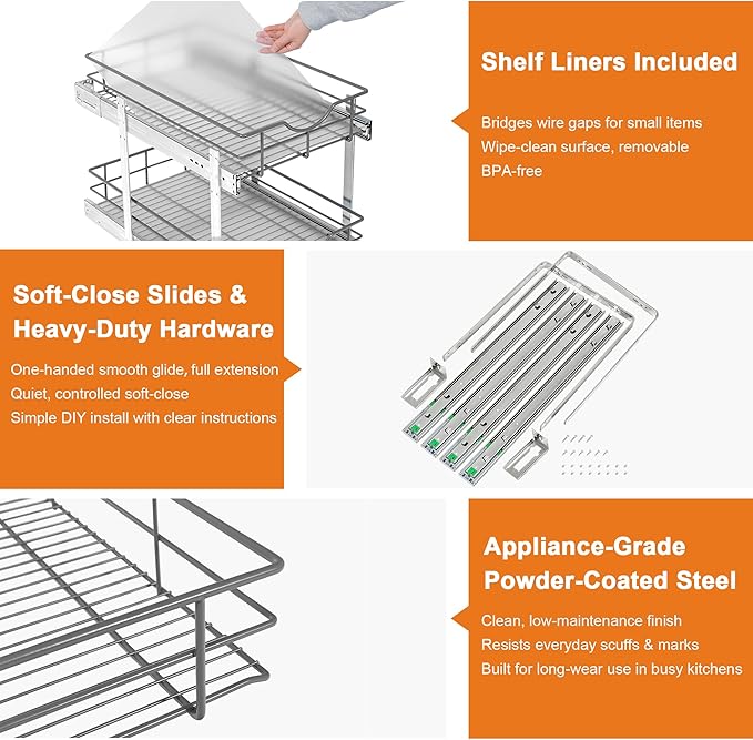 ALINE FURNITURE 2-Tier Pull Out Cabinet Organizer - 8" W x 22" D Soft Close Sliding Shelves with Shelf Liners - Pullout Drawers for Kitchen Cabinets, Pantry, Bathroom, Heavy Duty Steel Wire Baskets