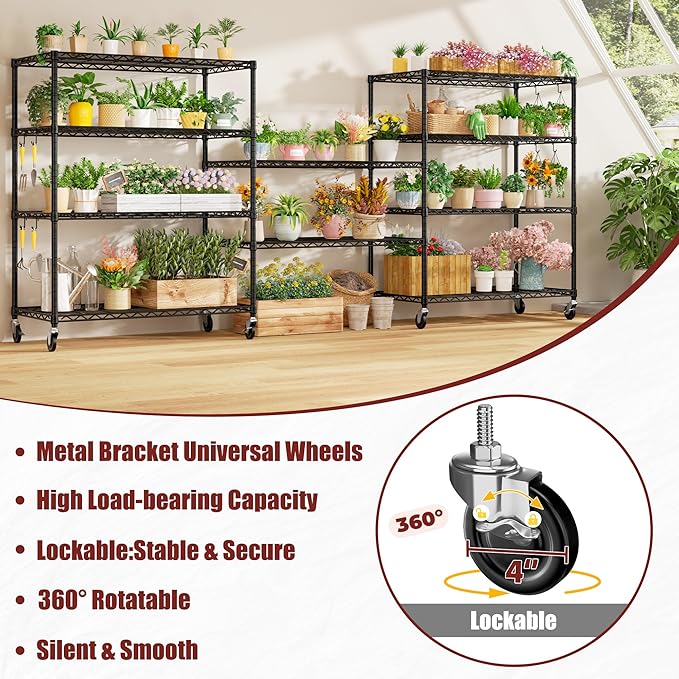 PrimeZone 48" W x 24" D x 81" H Heavy Duty Wire Storage Shelves with Wheels, 5 Tier Adjustable NSF Certified Garage Shelving Unit, Rolling Metal Organizer Shelf Utility Rack for Warehouse, Pantry