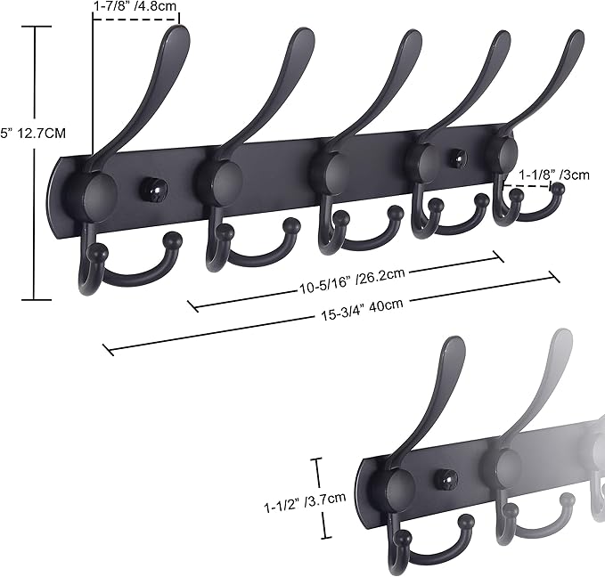 Dseap Coat Rack Wall Mounted - 5 Tri Hooks, Heavy Duty, Stainless Steel, Metal Coat Hook Rail for Coat Hat Towel Purse Robes Mudroom Bathroom Entryway (Grey, Pack of 2)