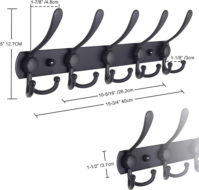 Dseap Coat Rack Wall Mounted - 5 Tri Hooks, Heavy Duty, Stainless Steel, Metal Coat Hook Rail for Coat Hat Towel Purse Robes Mudroom Bathroom Entryway, Blue