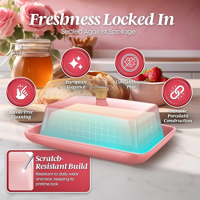 Flexzion Ceramic Pink European Butter Dish with Lid for Countertop (7 Inch) - Wide 2 Stick Double Butter Holder for Counter, Cream Cheese Container Storage Keeper