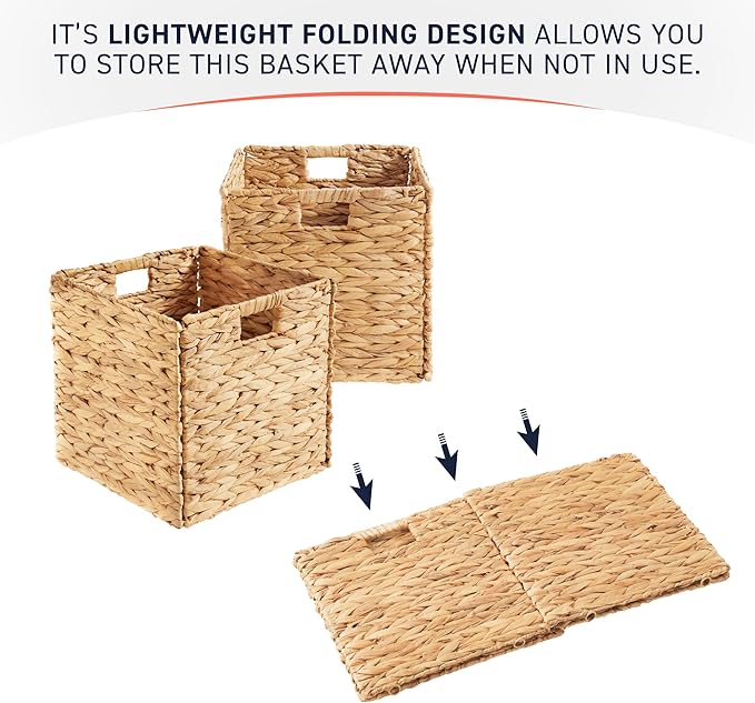 Ornavo Home 13 x 13 Inch Water Hyacinth Baskets Set of 6 – Handwoven Collapsible Wicker Storage Cube Bins with Handles for Bathroom, Bedroom, Laundry and Pantry - Natural
