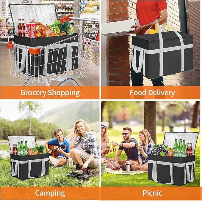 XXXL 2 Pack Insulated Food Delivery Bag with Removable Hard Bottom, Reusable Insulated Grocery Bag for Hot and Cold Food, Catering Cooler for Doordash, Warmers, Parties (Black+Red)