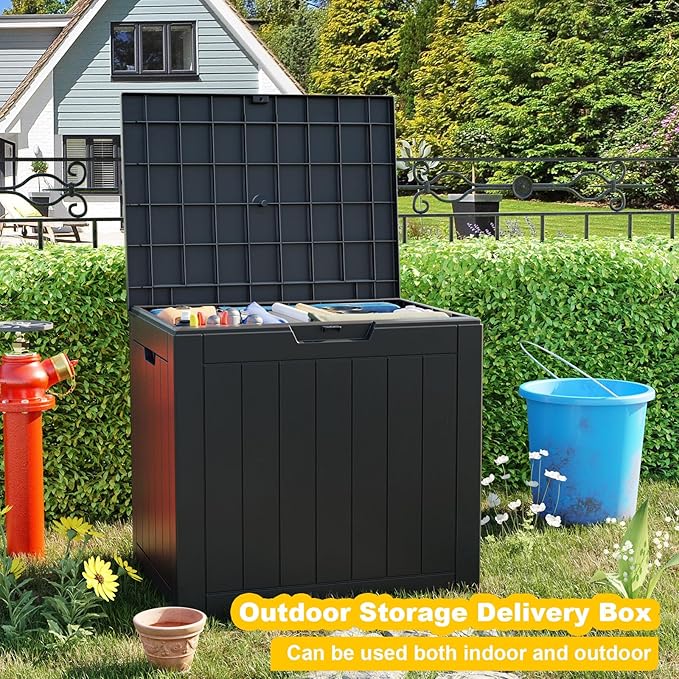 30 Gallon Outdoor Deck Box,Storage Lockable Waterproof Patio Furniture,Garden Tools,Cushions,Pool Accessories Outside Storage Resin Box(Black)