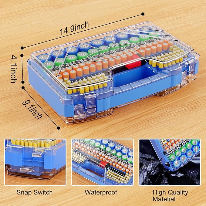 Battery Organizer Storage Holder Box Case with Tester, New Ultra-Large 285+Batteries Double-Sided Variety Pack, Holds AA AAA 4A C D 9V 3V Button Cell Lithium18650 CR2 CR123 CR1632 LR44 (Blue)