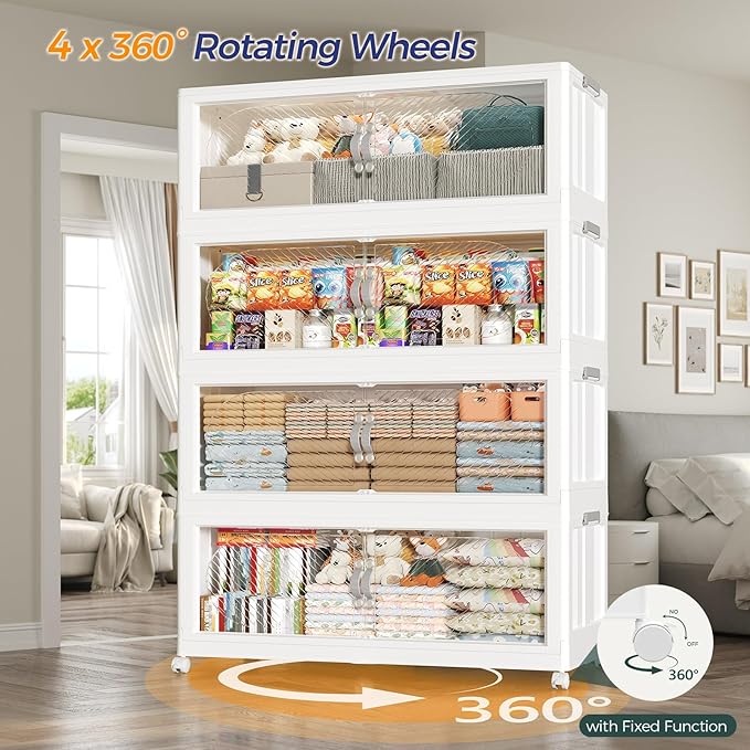 960QT Extra Large Stackable Storage Bins with Lid & Wheels & Doors, 240Gal Foldable Collapsible Closet Organizers, Plastic Cabinet Box Container Drawer for Home Kitchen Bedroom, 6Pack White
