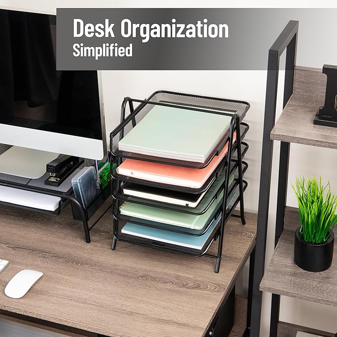 Mind Reader 5-Tier Paper Tray Organizer, Vertical Desktop File Storage Rack, Office, Metal Mesh, Black