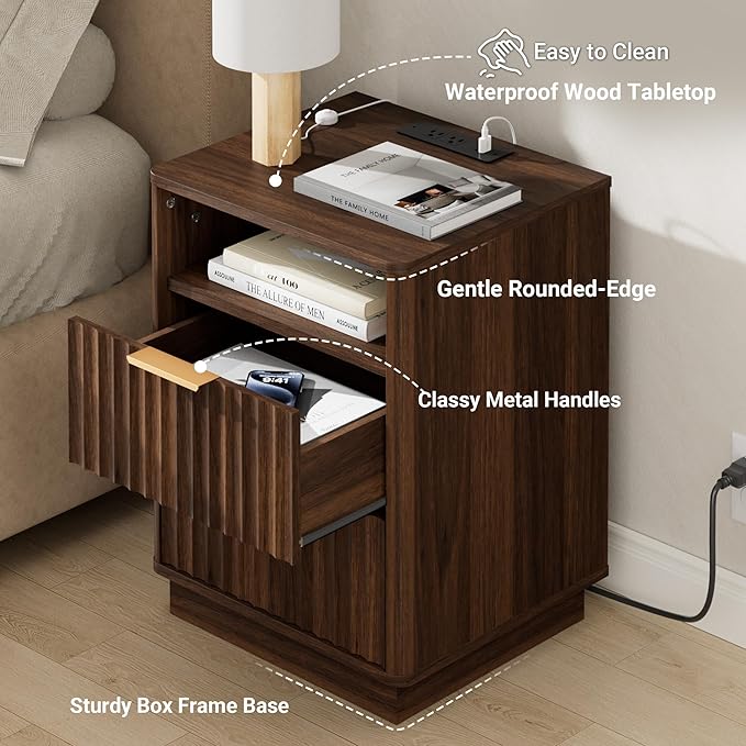 Fluted Night Stand Set of 2 with Charging Station, 18 inch Mid-Century Modern Nightstand, 2 Drawers End Table with Storage, Bedside Table for Bedroom Home Office, Curved Profile, Walnut