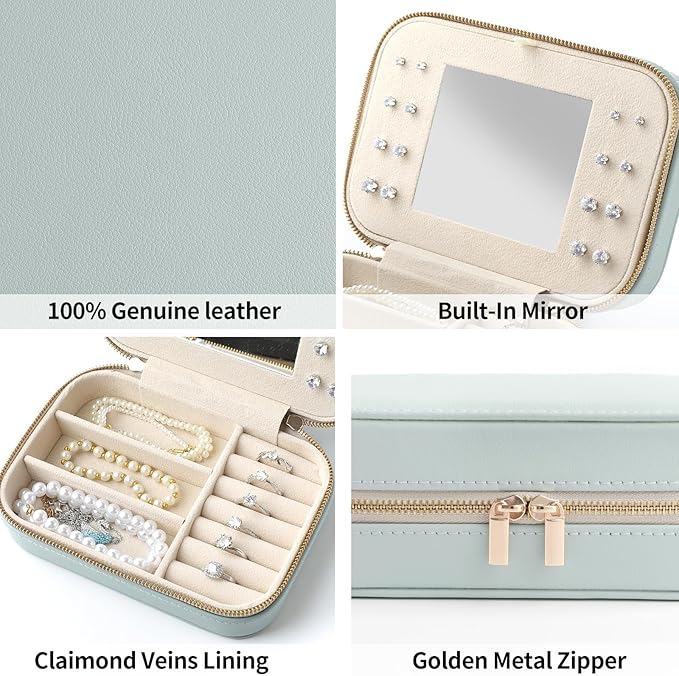 Genuine Leather Travel Jewelry Organizer Case with Mirror for Women, Small Mini Portable Jewelry Box for Ring Earrings Necklace Bracelet Luxury Gift for Women（Pink）