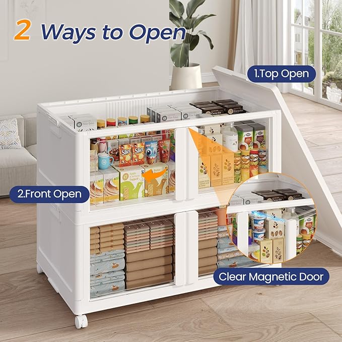 480Qt Stackable Storage Bins with Lid and Wheels, 120Gal Plastic Closet Organizer and Storage Drawer, Large Collapsible Storage Box Cabinet with Clear Door for Home Kitchen Office, 4Pack White