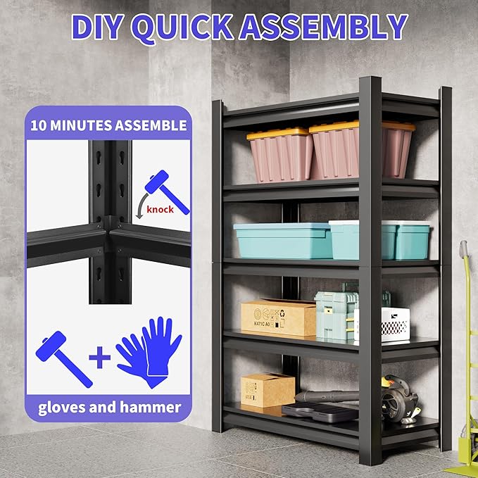 2 Sets Metal Garage Shelving Unit,78"H Heavy Duty 5-Tier Adjustable Storage Rack,18"D x 48"W x 78"H Steel Shelving,3000 lbs Industrial Shelves for Heavy Tools and Equipment,Ideal for Garage, Basement