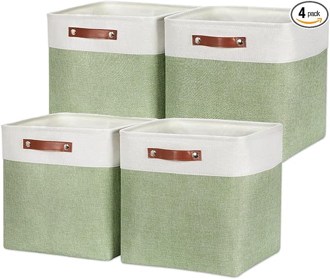 HNZIGE Collapsible Fabric Storage Cubes 13x13x13 Set of 4 Decorative Storage Basket Bin with Handles Storage Cube Basket for Organizing Clothes, Toys, Closet, Nursery(Green White)