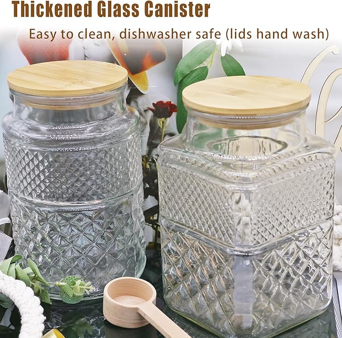 Viovian 60 OZ Vintage Glass Jar with Lid Wood Spoon Set of 2 Decorative Glass Storage Jars Airtight Lids Clear Canister Container for Food Candy Cookie Sugar Coffee Bean Tea Nuts Snack Dog Treat Vase