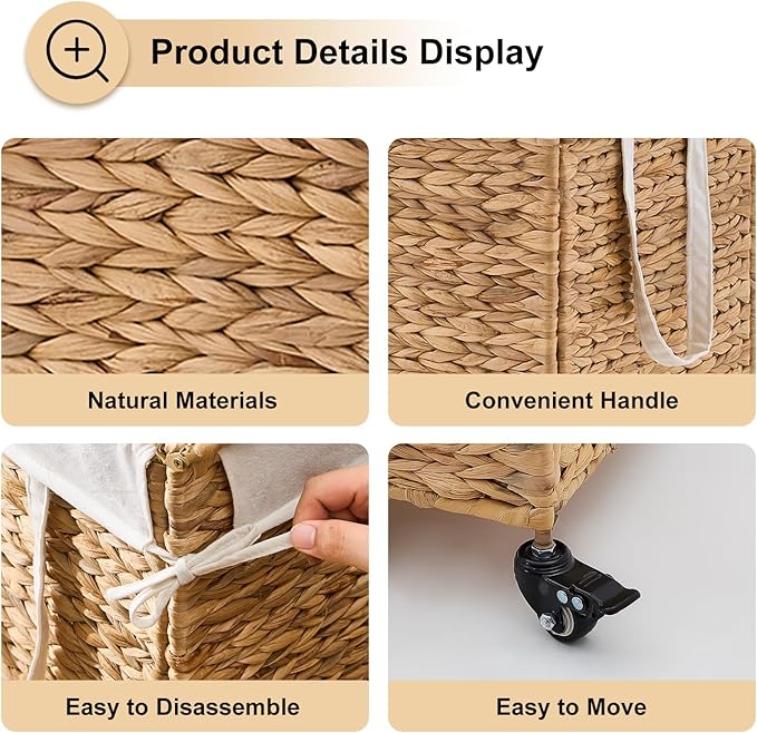 Rolling Laundry Hamper with Lid and Wheels, Slim Laundry Basket with Removable Liner Bag & 2 Mesh Bags, Handwoven Water Hyacinth Clothes Hamper for Bedroom Bathroom (Natural, 50L)