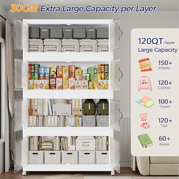 600QT Extra Large Stackable Storage Bins with Lid & Wheels & Doors, 150Gal Foldable Collapsible Closet Organizers, Plastic Cabinet Box Container Drawer for Home Kitchen Bedroom, 5Pack White